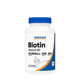 Nutricost Biotin Vitamin B7 supplement, 240 capsules, supports hair, skin, nails, non-GMO, gluten-free.